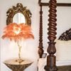 Feather your nest with the Ostrich Feather Table Lamp, romantic and feminine this sultry lamp will make a statement in your bedroom or living room. Its elegant gilded base supports real, Ostrich feathers. 