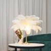 Feather your nest with the Ostrich Feather Table Lamp, romantic and feminine this sultry lamp will make a statement in your bedroom or living room. Its elegant gilded base supports real, Ostrich feathers. 