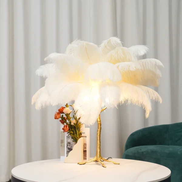 Feather your nest with the Ostrich Feather Table Lamp, romantic and feminine this sultry lamp will make a statement in your bedroom or living room. Its elegant gilded base supports real, Ostrich feathers. 