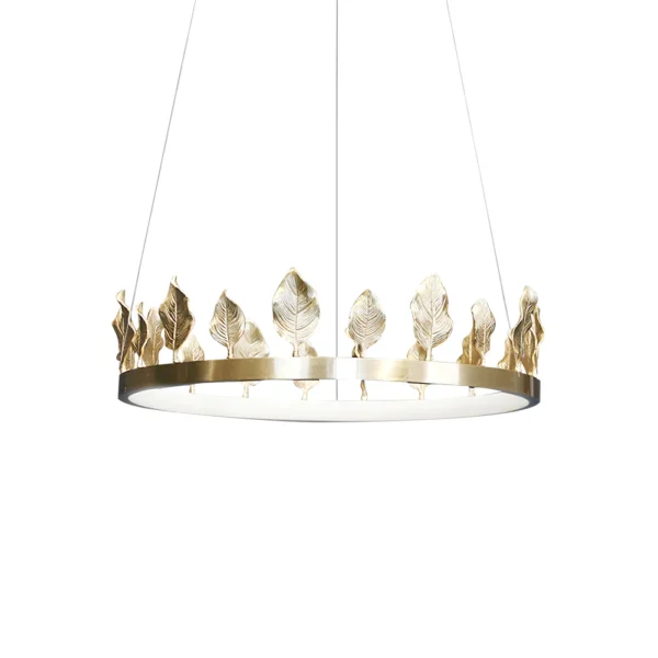 Our Anello Chandelier is shaped like a crown made of laurel leaves. The design is brilliant in a mix of contemporary gold leaf and painted gold finishes. Because the leaves are hand-applied, slight variations in shape may exist on this gold chandelier.