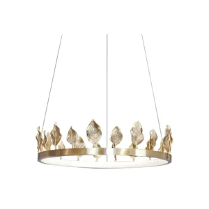 Our Anello Chandelier is shaped like a crown made of laurel leaves. The design is brilliant in a mix of contemporary gold leaf and painted gold finishes. Because the leaves are hand-applied, slight variations in shape may exist on this gold chandelier.