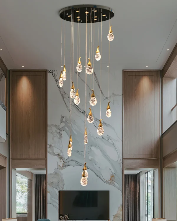 This chandelier uses artificial bubble technology to connect floating bubble shapes to create wonderful light and shadow. The surface is round and smooth, with bubbles inside, and the transmission is even, which perfectly integrates light and art.