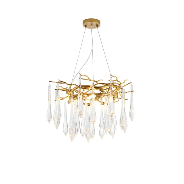 A mesmerizing statement that will inspire awe from above, the fitting features organically formed brass branches dripping with teardrop shapes of handblown glass. Crafted so that it plays with light in an enchanting manner, the chandelier would command attention in a contemporary space.