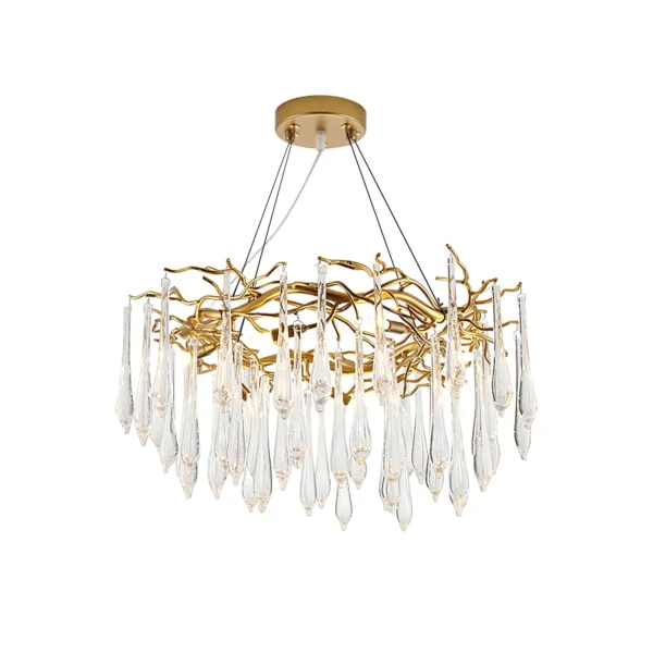 A mesmerizing statement that will inspire awe from above, the fitting features organically formed brass branches dripping with teardrop shapes of handblown glass. Crafted so that it plays with light in an enchanting manner, the chandelier would command attention in a contemporary space.